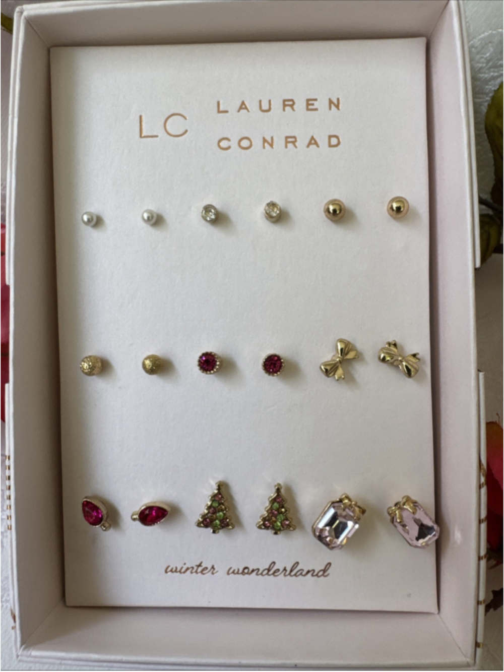LC Lauren Conrad Gift Set 12 Pairs Tree Bows Pearls Rhinestone Stud Earrings NEW